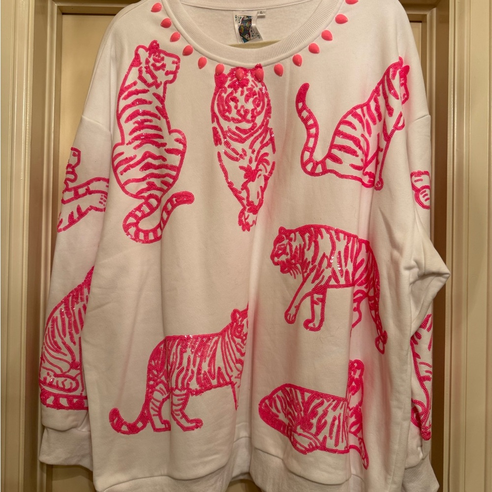 QUEEN OF SPARKLES White and Pink Tiger Sweatshirt
